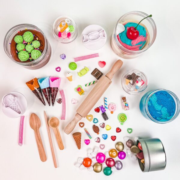 Sensory playdough kit with confetti and cherry like toys, rolling pin