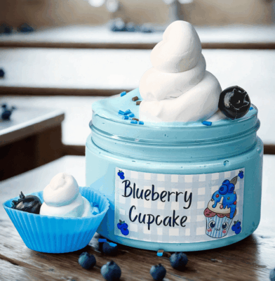 Blueberry cupcake slime clay kit with air clay topper, sprinkles, blueberry charm, and silicone cupcake cup