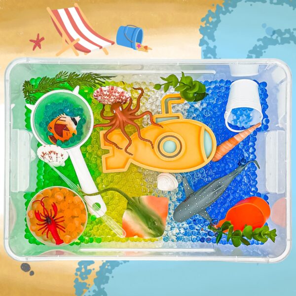 Under the Sea Water Bead Sensory Bin with submarine and sea creatures