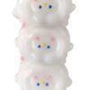 Three glossy white snowman figurines stacked vertically, each with pink cheeks, blue eyes, and yellow noses.