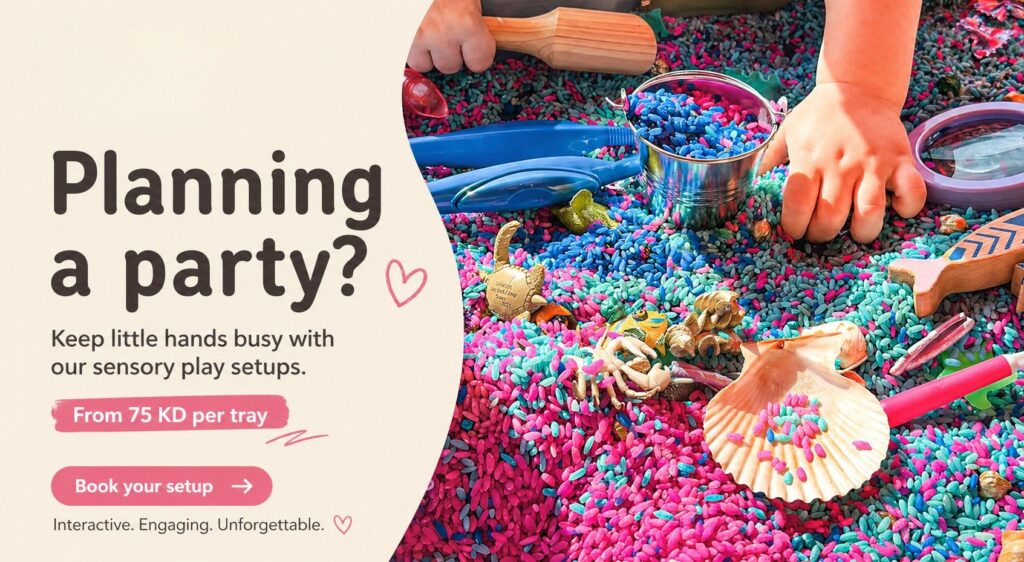 Advertisement banner for planning a party, with colorful sensory play setup on the right and text on the left: 'Planning a party? ... From 75 KD per tray'.